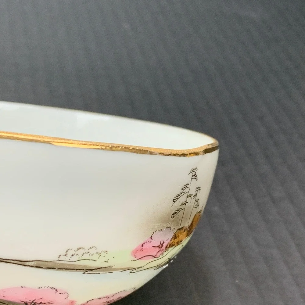 Vintage Made in Japan Porcelain Tea Cups‎ Set of 2 Painted Landscape Gold Trim